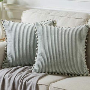 Light Grey Corduroy Luxury Velvet Pompom Bed/Sofa Throw Pillow Cover/Case Set